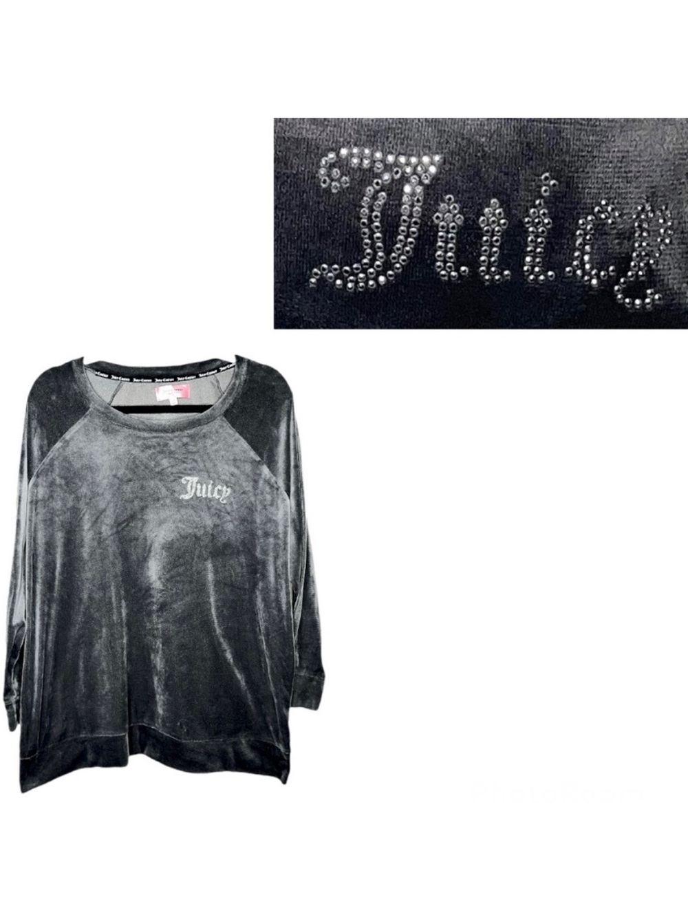 Juicy Couture Rhinestone Velvet Sweater Velour Relaxed Sweatshirt Gray Comfy 2XL
